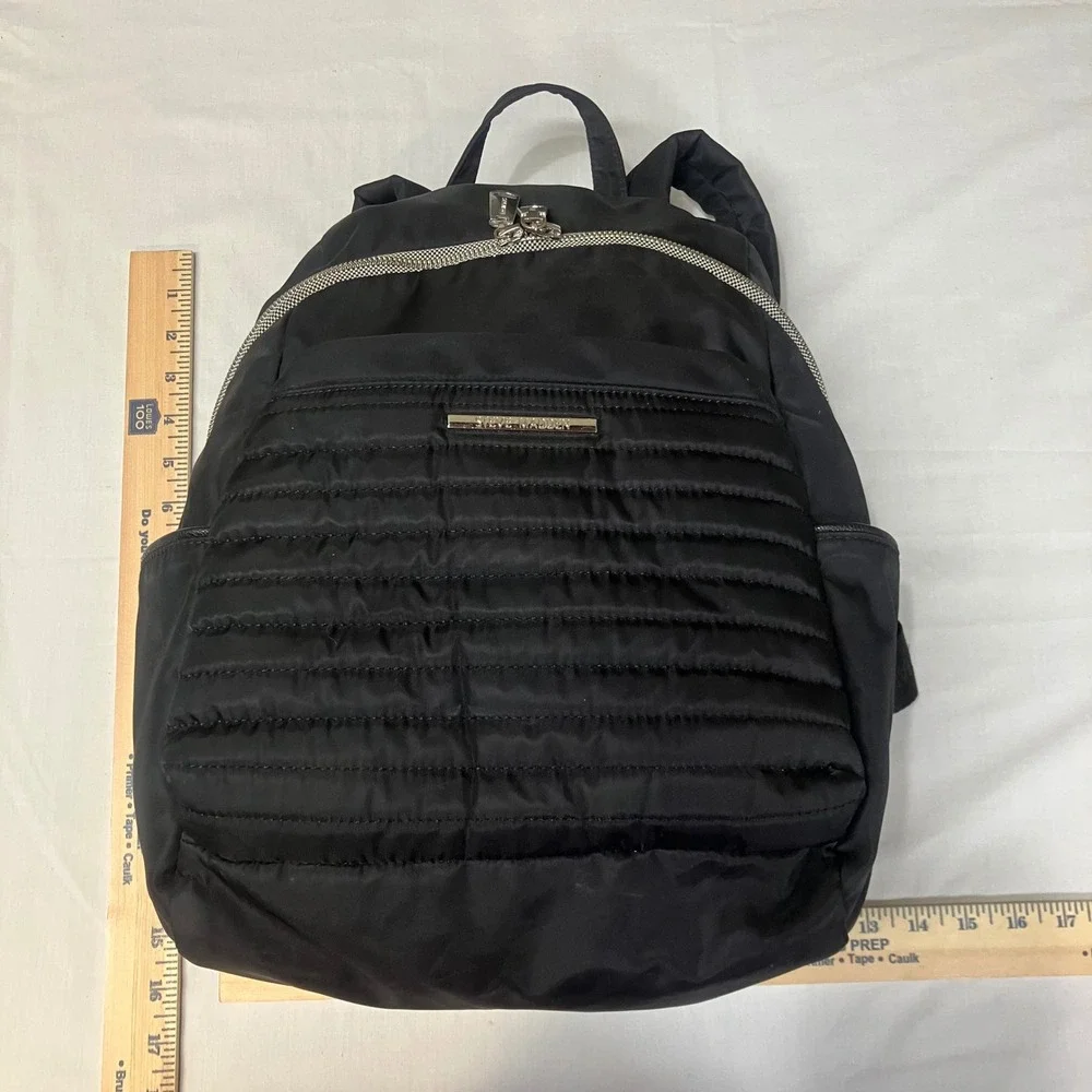 Steve Madden Black Nylon Backpack B-SALLY Logo Straps Silver Hardware Womens EUC